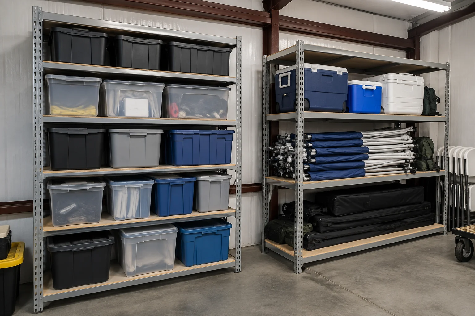 Two boltless shelving units side by side, one with closely spaced shelf levels for totes and one with tall openings for bulky items