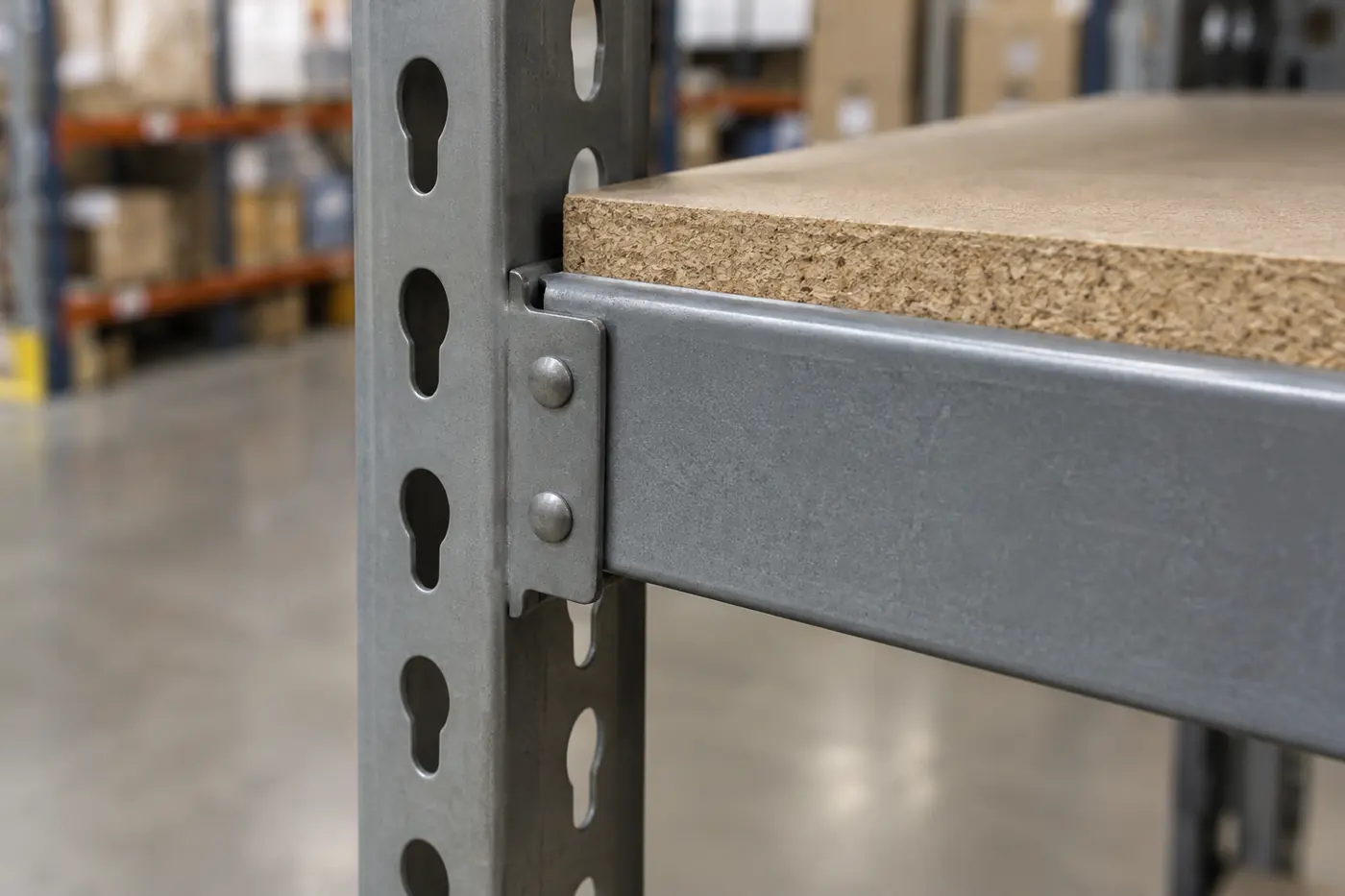 Close-up of a double rivet beam seated in the keyhole slots of a boltless workbench angle post with the particle board worksurface resting on the beam