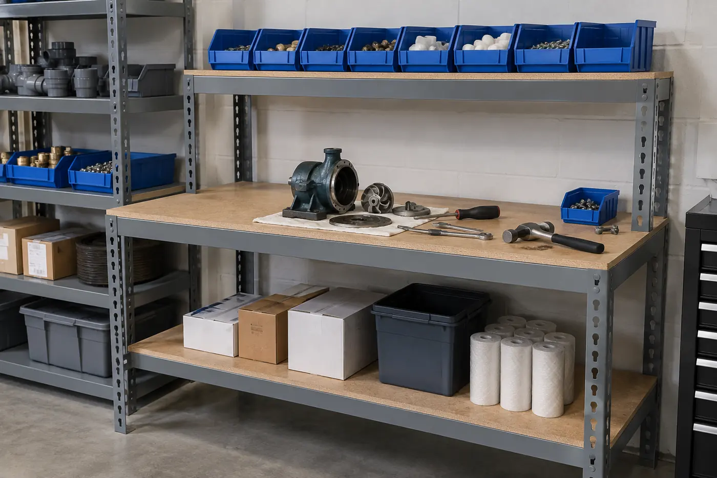 Boltless workbench in a maintenance tool room with parts bins on the riser shelf, a pump being repaired on the worksurface and supplies on the lower shelf