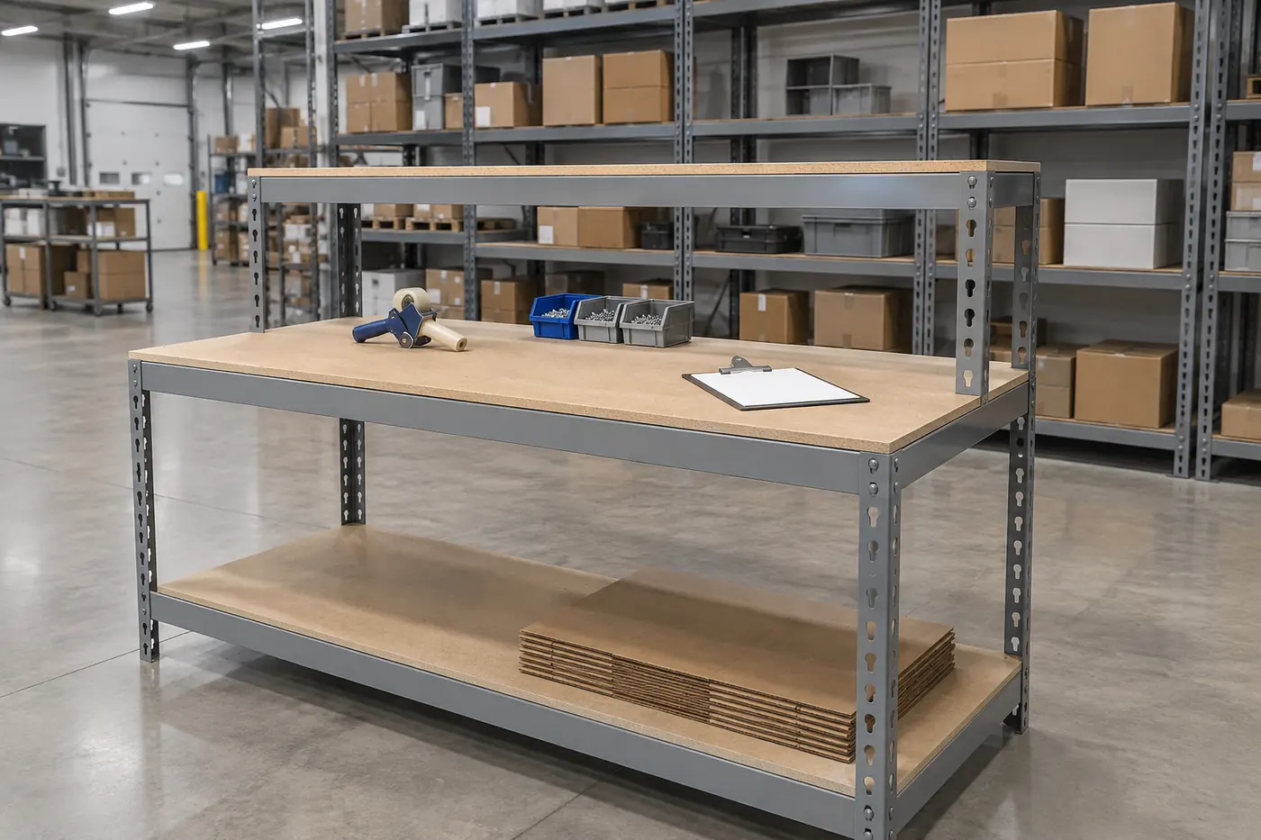 Grey boltless workbench with particle board worksurface, elevated riser shelf and lower shelf of flat cartons in a warehouse beside boltless shelving