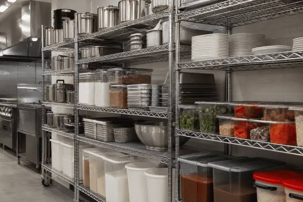 Chrome wire shelving holding food service containers and cookware in a commercial kitchen.