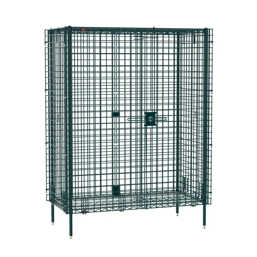 A Metro wire shelving security unit showing the open wire construction that allows airflow and visibility.