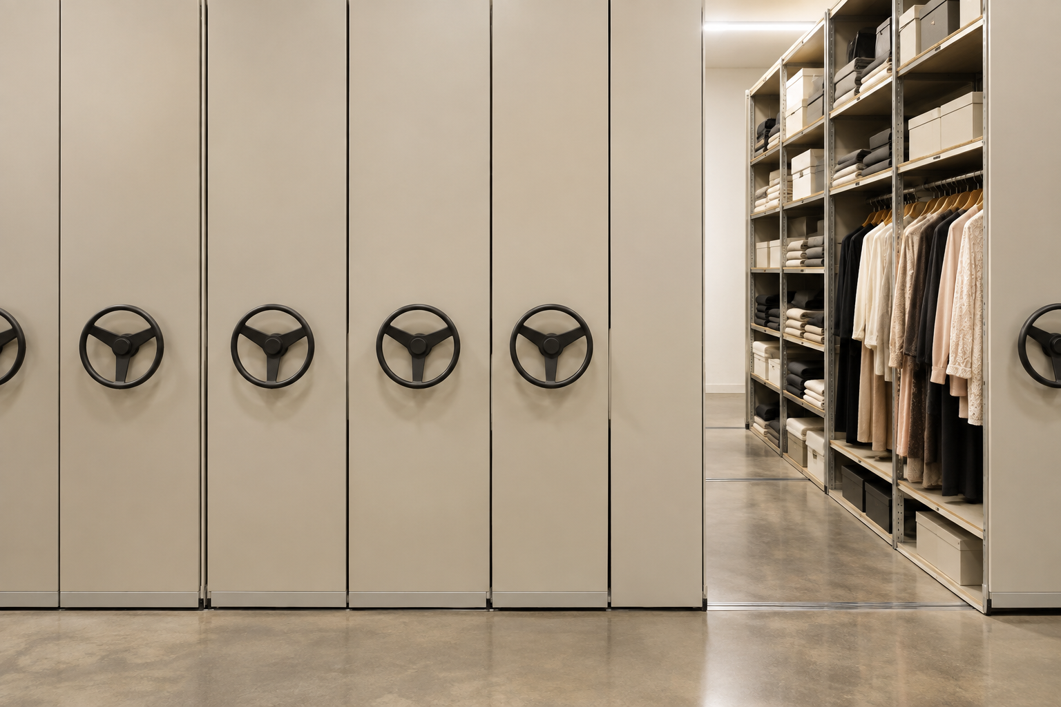 Front-facing high-density mobile shelving carriage ends with round manual handles in an apparel boutique stockroom