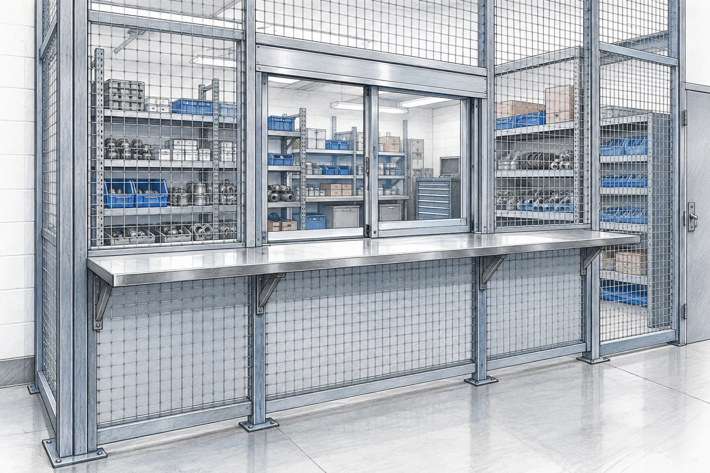 Concept drawing of warehouse wire-mesh tool crib service counter with a small sliding transaction window, viewed from public side, worker-free, clear counter and organized parts shelves inside.