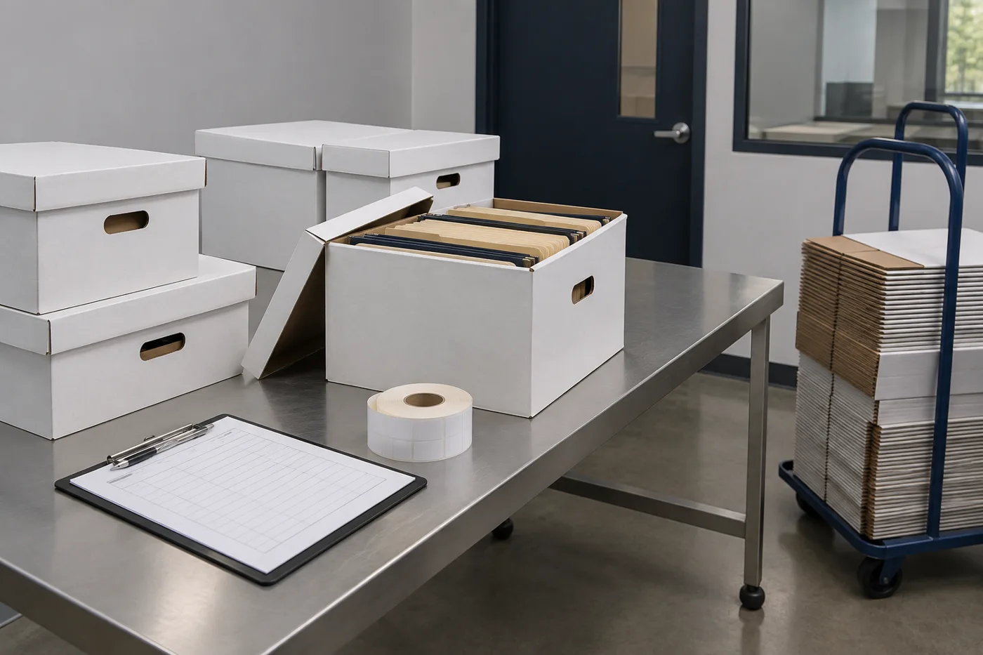 Campus records management processing table with records center boxes, a box inventory clipboard, labels and a hand truck of flat boxes