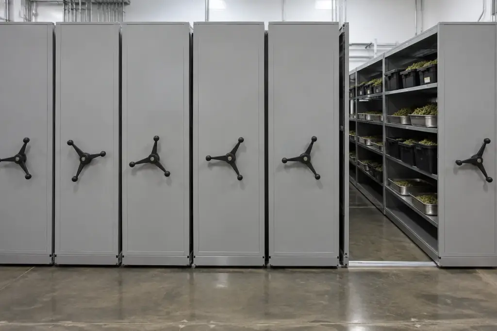 Mobile shelving carriages with handwheels in a cannabis facility, cured product in totes and trays on open shelves