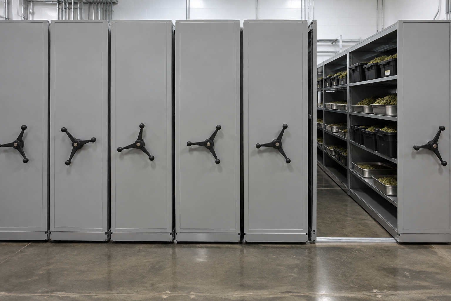 Front-facing high-density mobile shelving carriage ends with steel handwheels in a bulk storage warehouse
