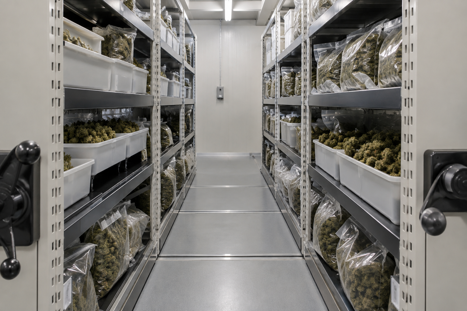 Open aisle of a mobile shelving system holding totes, trays and sealed bags of cured cannabis flower