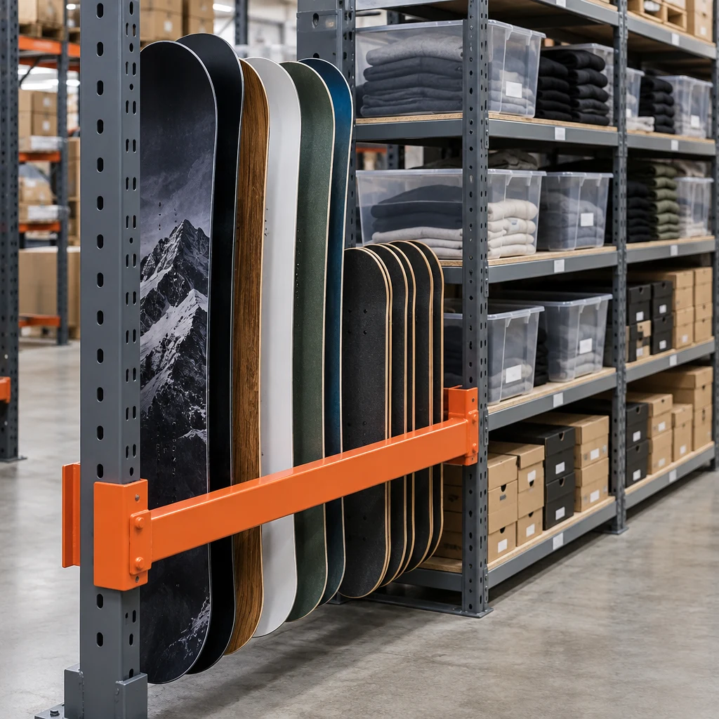 Cantilever rack arm holding snowboards and skateboard decks standing on edge next to boltless shelving with bins of folded apparel and boxed shoes