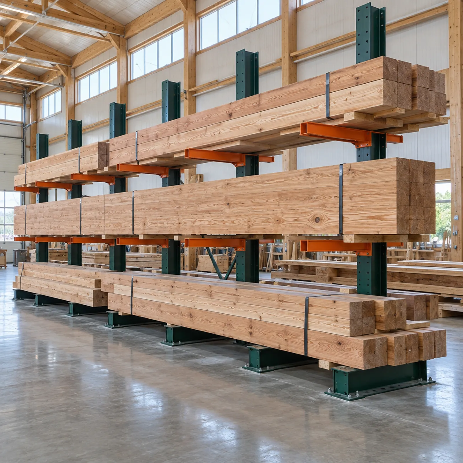 Structural cantilever rack with green columns and orange arms holding long heavy timber beams in a timber frame fabrication shop
