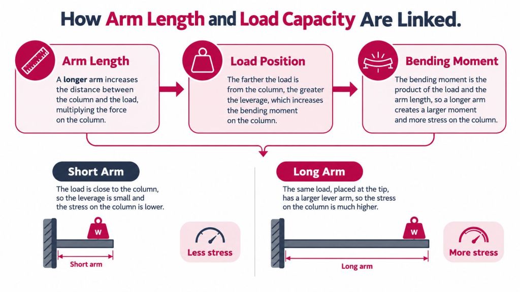 An infographic showing how arm length and load position increase bending moment and stress on a cantilever rack.