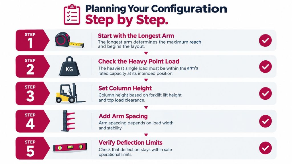 A step-by-step guide on how to configure cantilever racking systems for warehouse storage and load safety.