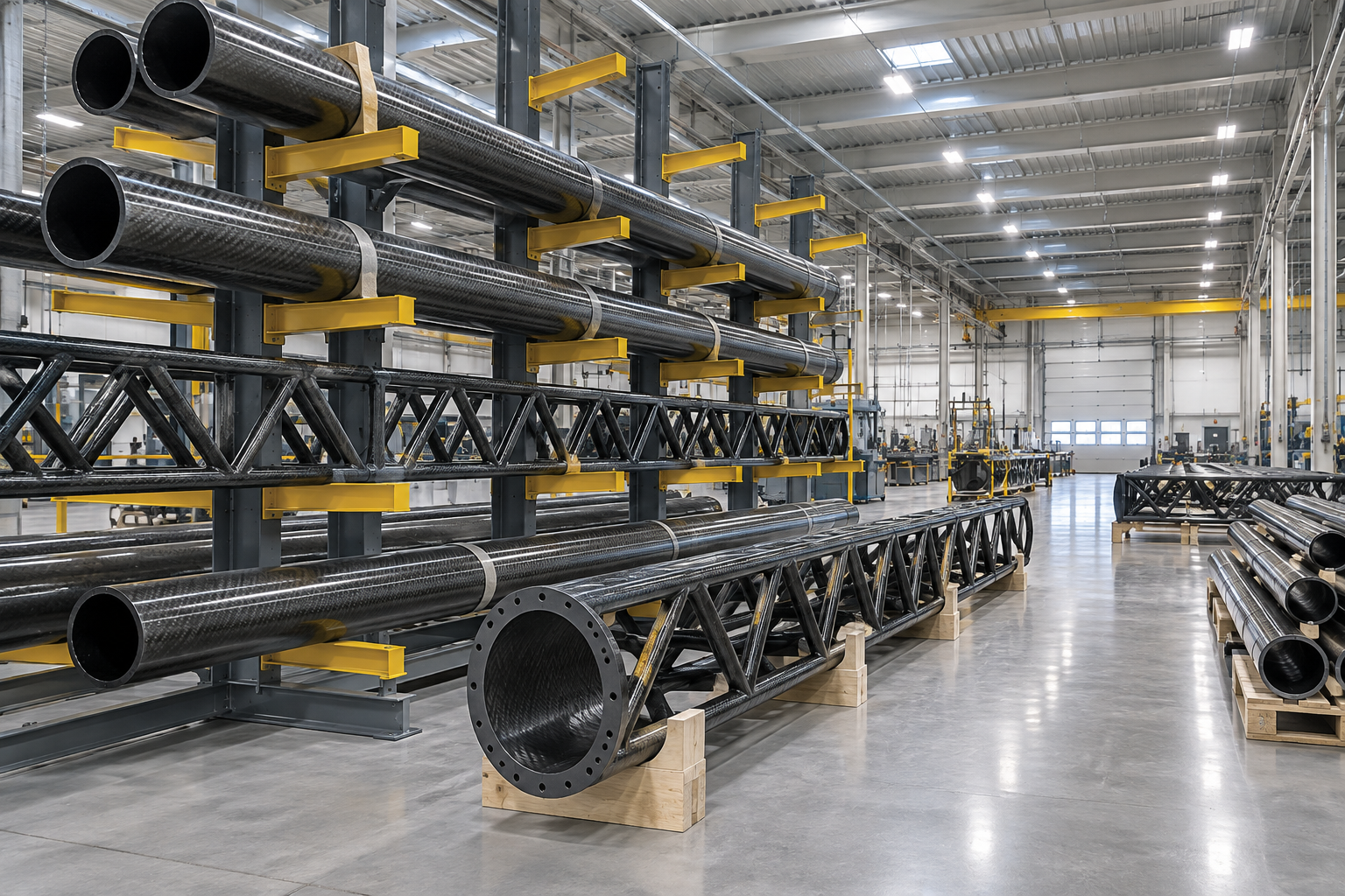 Cantilever racking holding long carbon-fiber composite tubes and lattice structure sections in a manufacturing warehouse