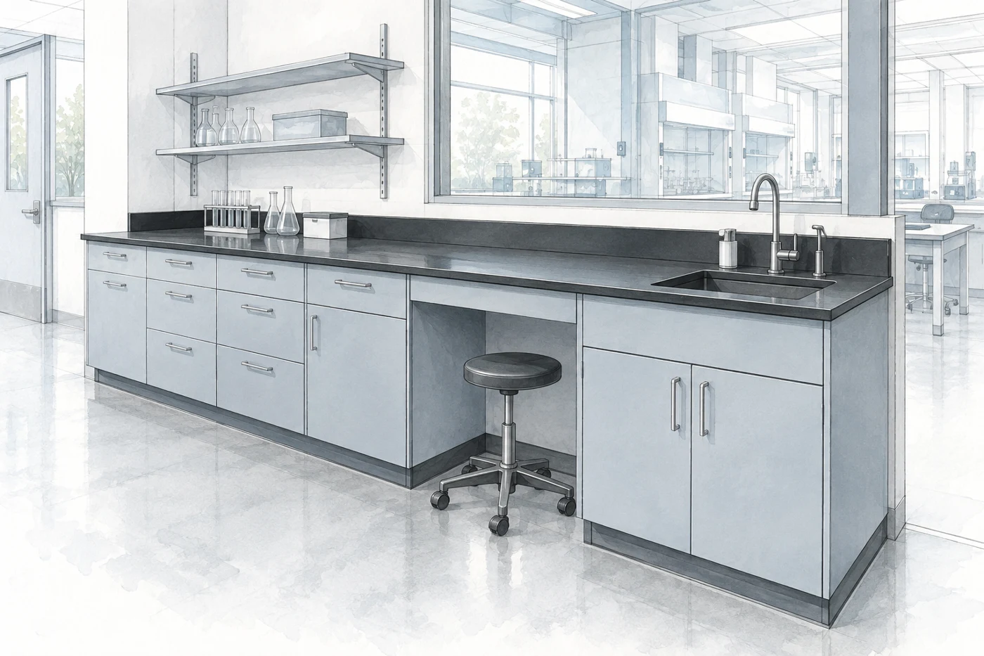 AI-generated planning illustration: Laboratory renovation concept showing a finished run of painted steel base cabinets, sink cabinet, knee space and black work surface