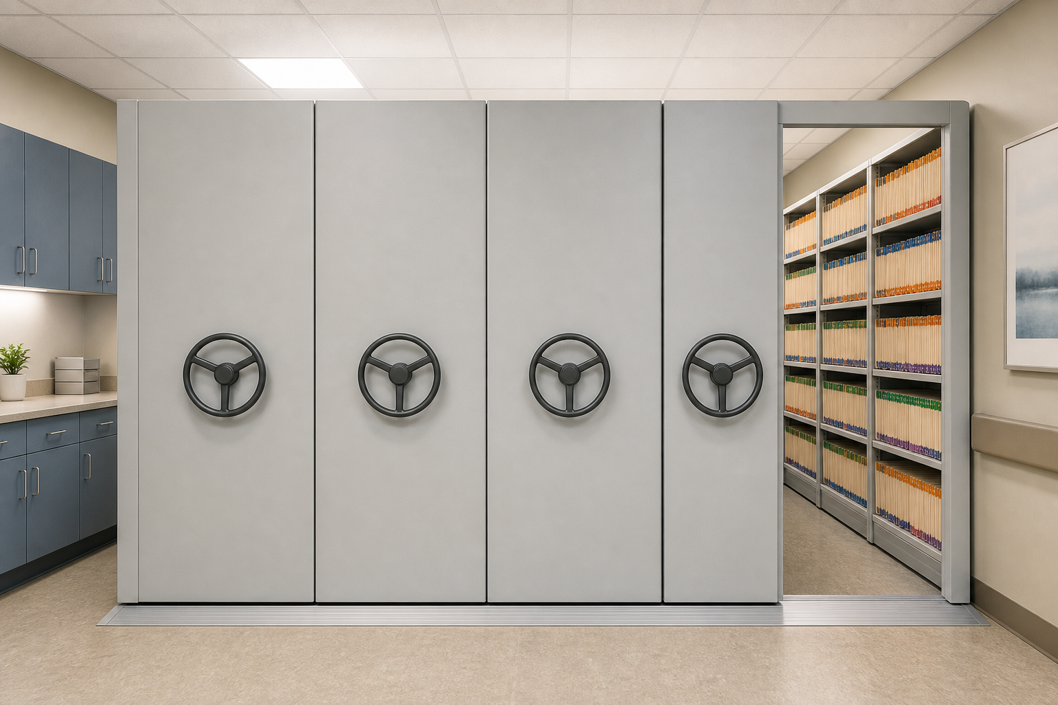 Mobile shelving carriage fronts in a clinic records room, an example of high-density secure storage