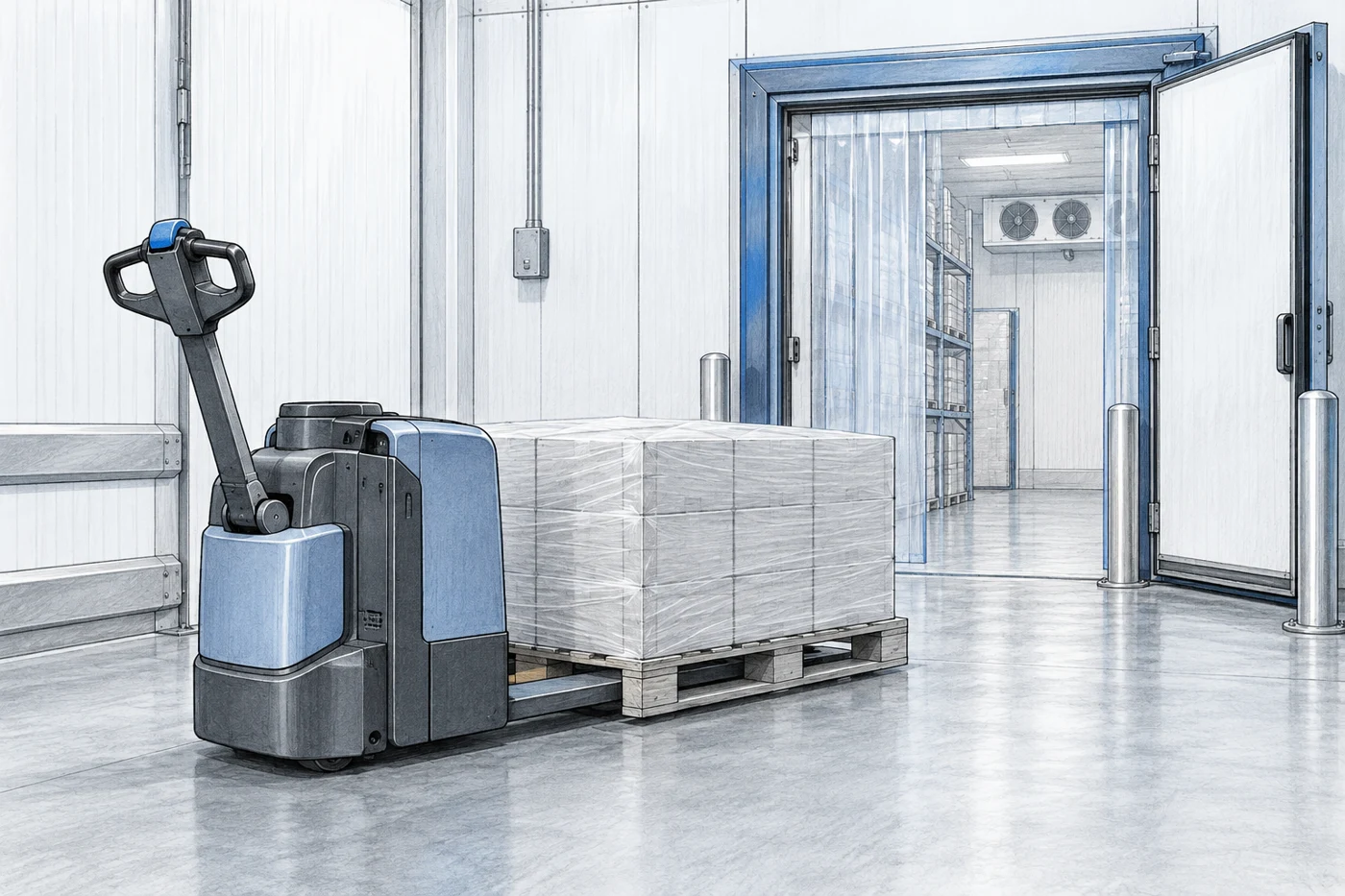 Concept drawing of electric walk-behind pallet truck inside a cold-storage vestibule, pallet resting low on forks, clear dry floor, insulated doorway in background, no people.