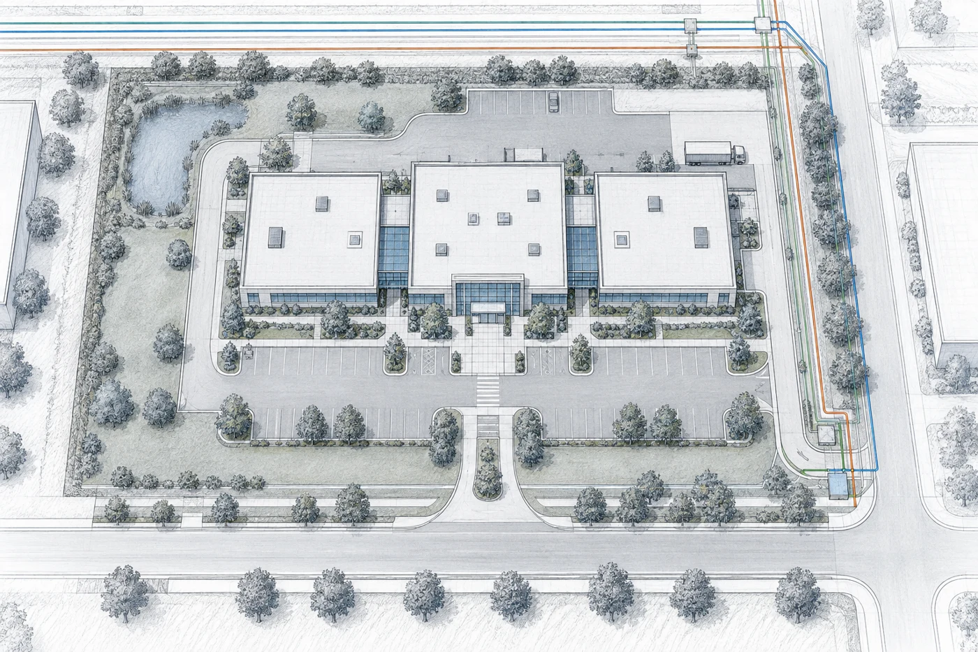 Concept drawing of modular commercial office building site-planning drawing with building modules, nearby utility routes indicated by discreet colored lines, and clear accessible entrance approach, no dimensions.