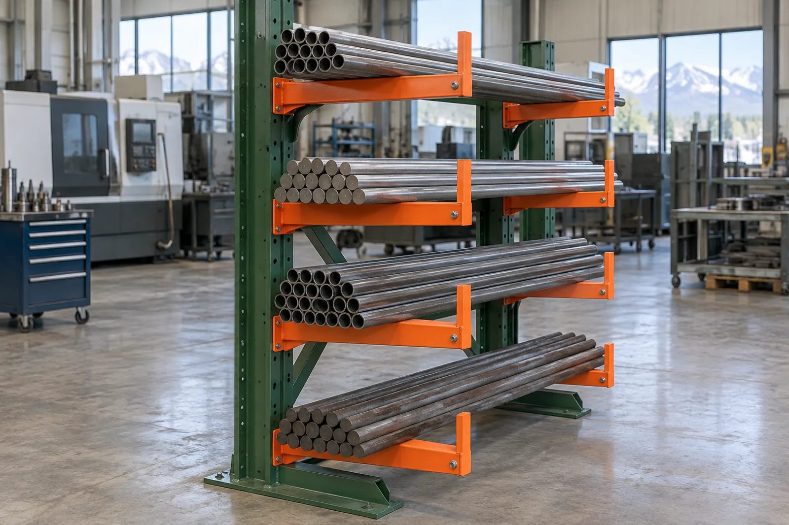 Compact 8-ft structural cantilever rack with 36-inch arms and pipe stops holding round steel tube in a Salt Lake City manufacturing plant