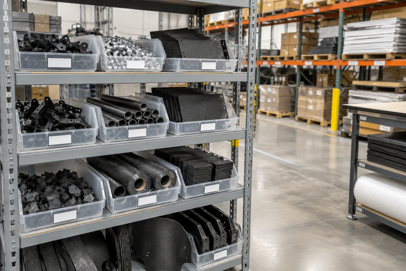 Boltless shelving holding labeled bins of composite manufacturing hardware and small finished parts