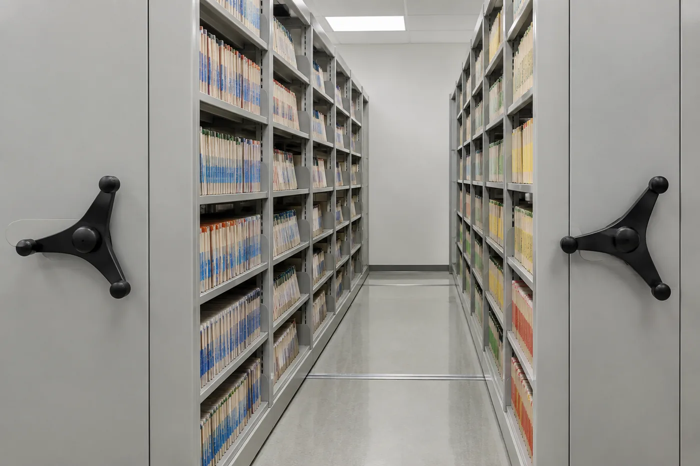 Mechanical-assist mobile shelving holding color-coded court case files with an open aisle