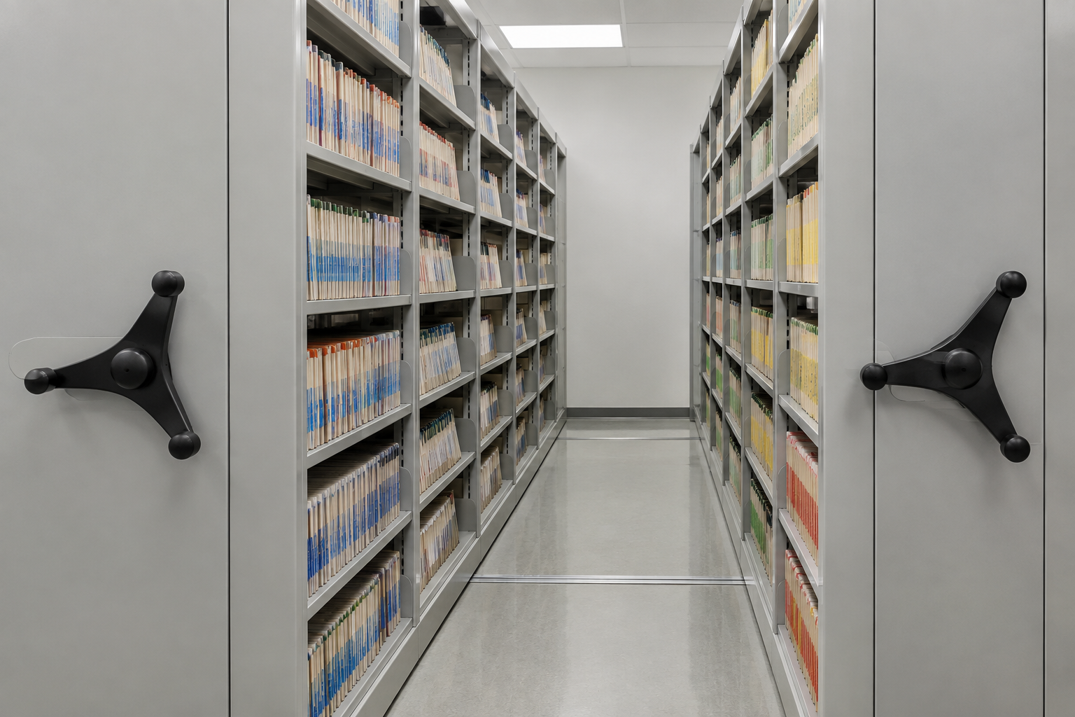 Mobile shelving holding color-coded court case files in a city records room