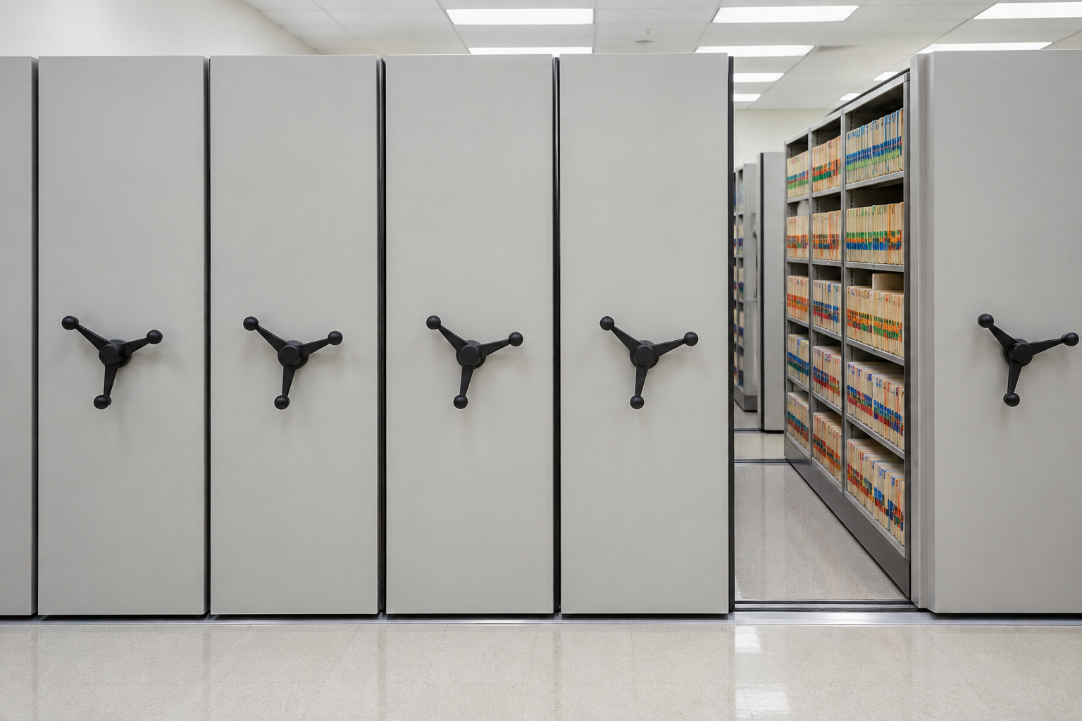 Front-facing high-density mobile shelving carriage ends with handwheels in a municipal court records room, one aisle open showing color-coded case files