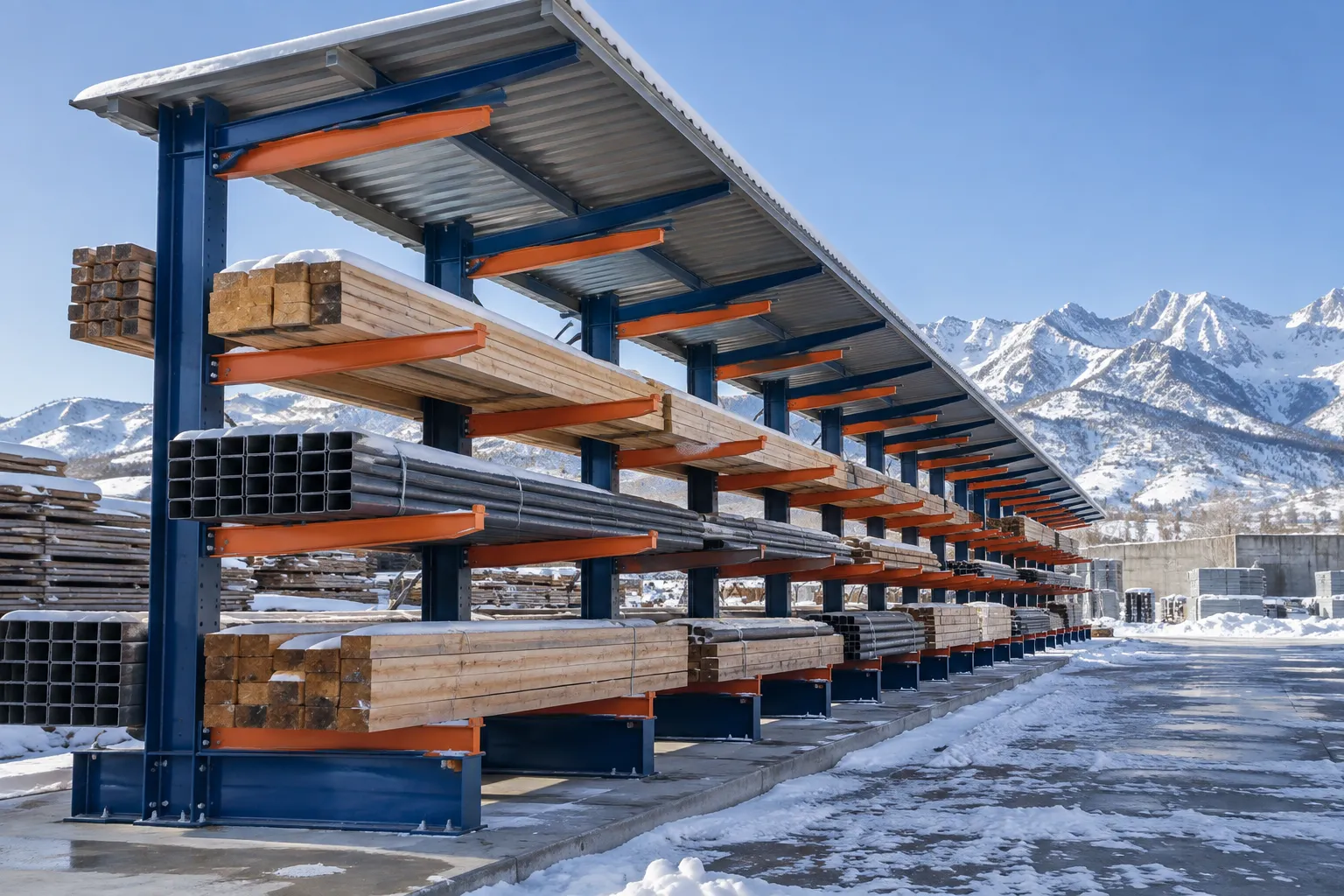 Outdoor structural cantilever rack with a roof canopy holding lumber and steel tube along the row in a snowy Utah yard