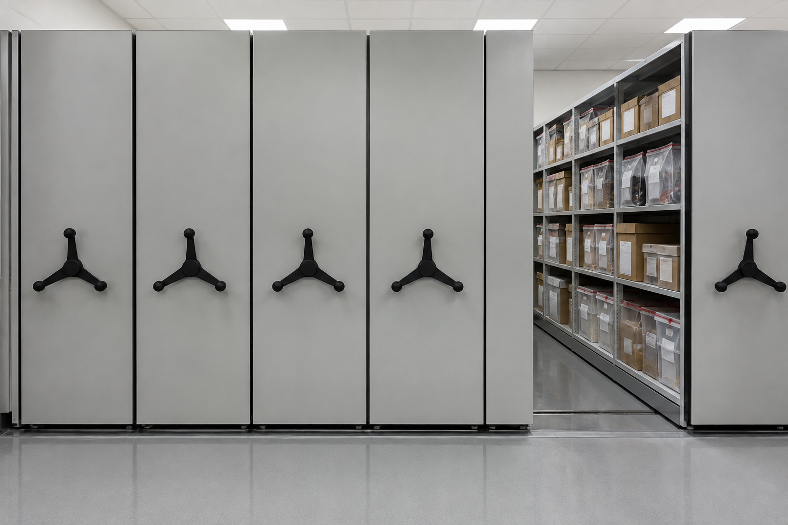 Front-facing mobile evidence shelving carriage ends with handwheels in a state forensic science laboratory