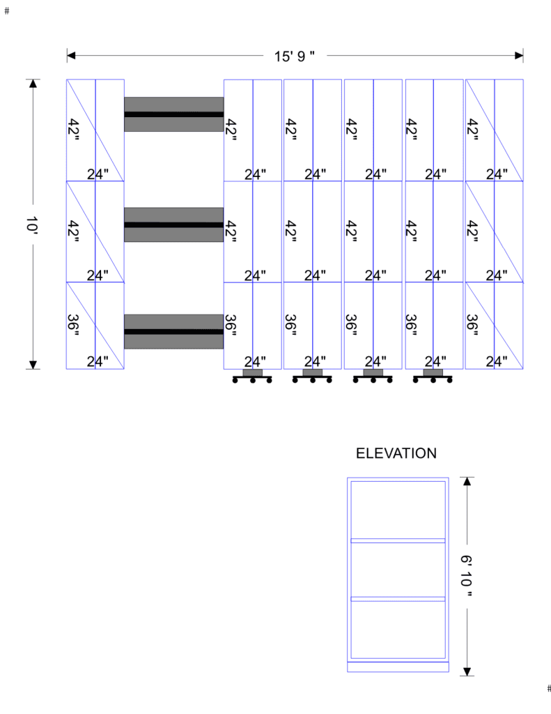 Mobile evidence shelving layout drawing for a state forensic laboratory in Missoula, Montana