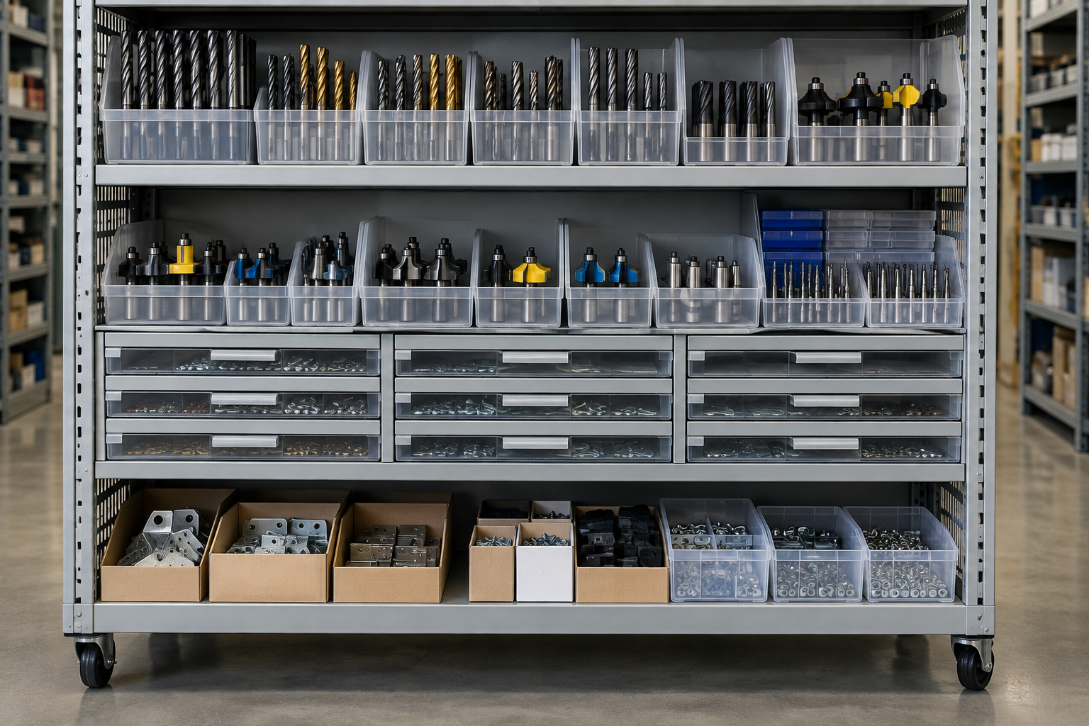 Small parts bins holding cutting tools and assembly hardware on a mobile shelving carriage