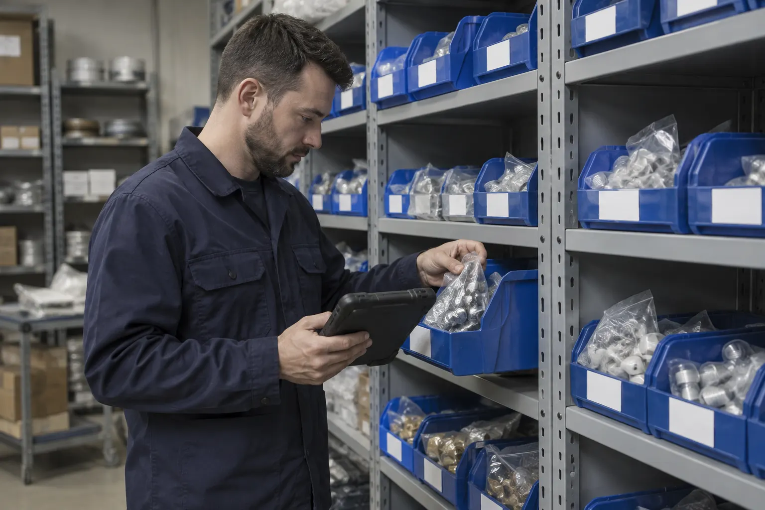Inventory clerk cycle counting bagged fittings in blue shelf bins with a tablet in a parts room