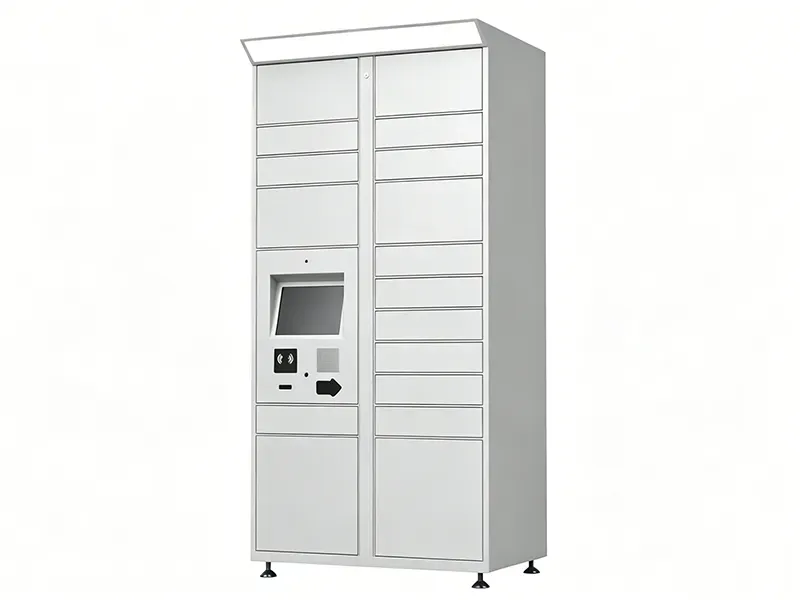 DC Locker smart parcel locker main unit with touchscreen and a mix of small, medium, and large compartment doors