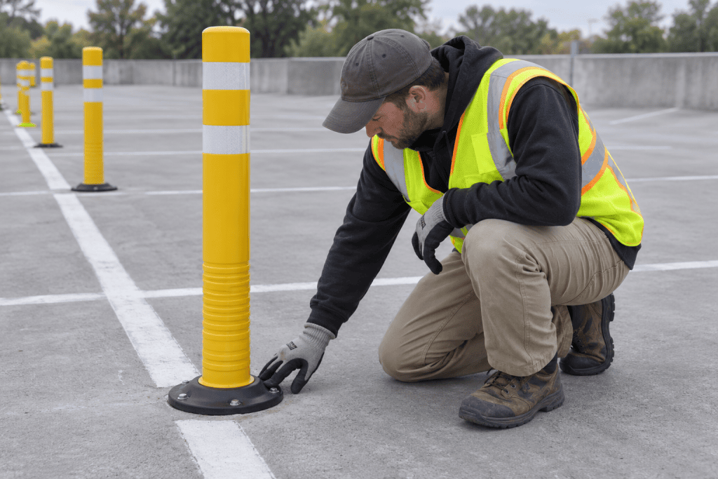 AI-generated illustration of a maintenance worker checking a delineator base