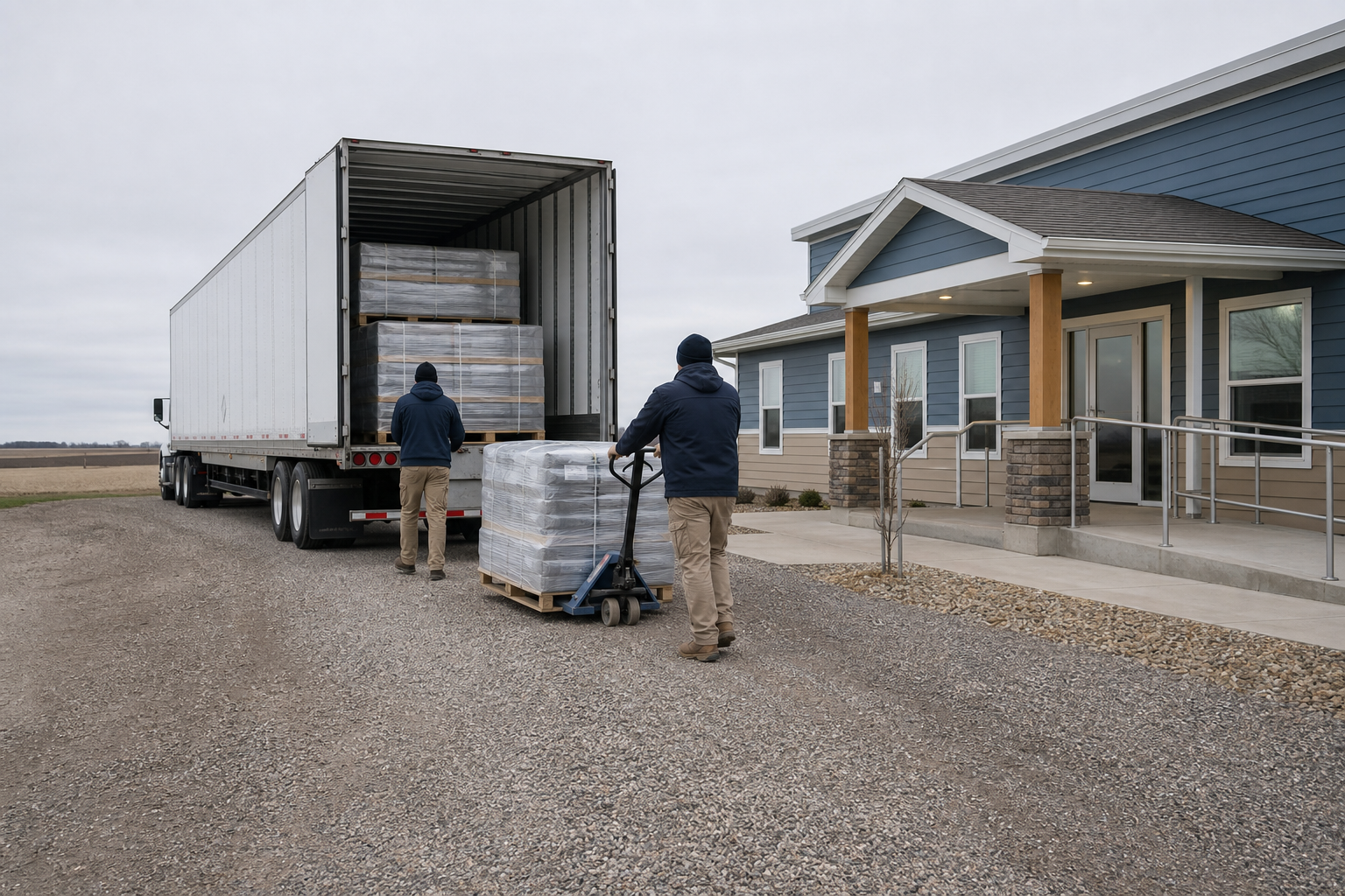 Semi trailer beside a small rural clinic with palletised flat packed steel shelving being unloaded with a pallet jack