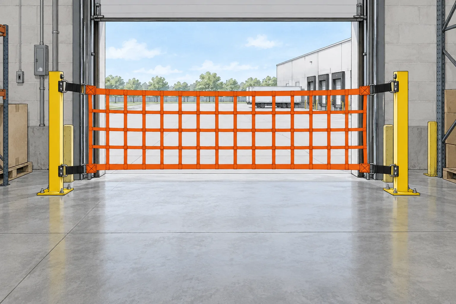 AI-generated conceptual planning drawing for a loading dock barrier net