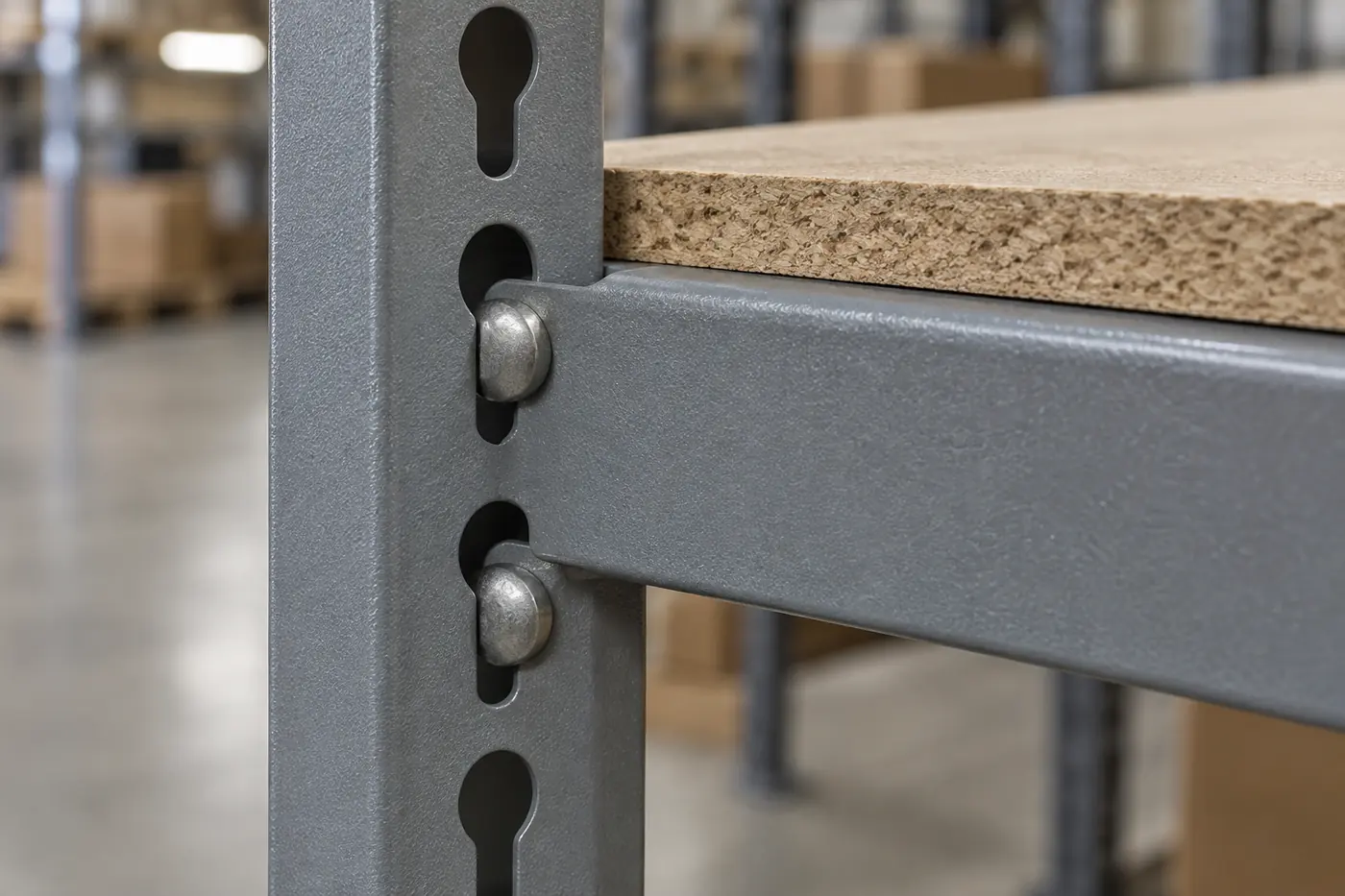 Close-up of a double rivet beam with both rivets seated at the bottom of the keyhole slots in a grey boltless shelving post