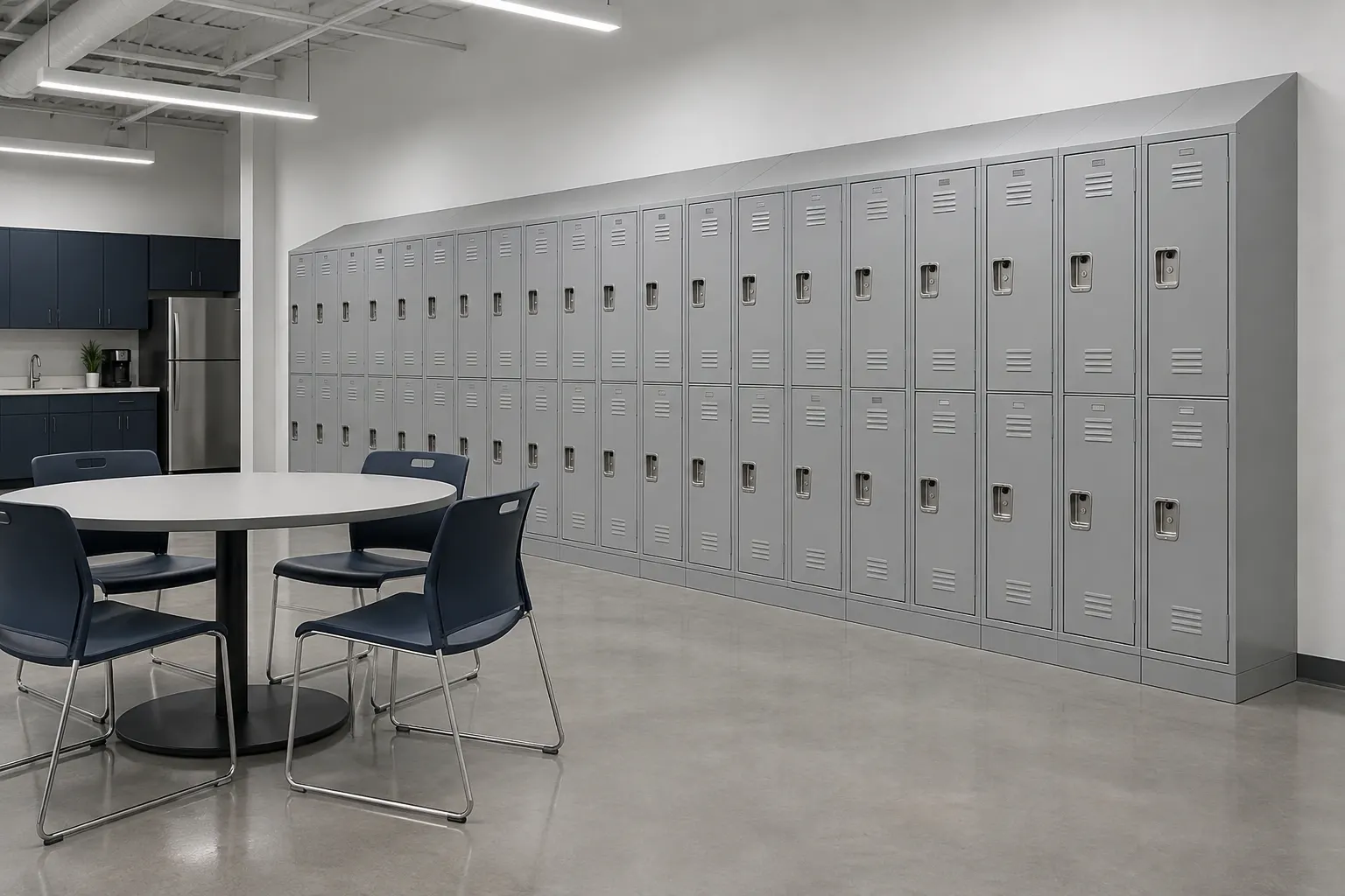 Wall-length run of double-tier steel lockers with sloped tops and a closed base beside an employee break room table