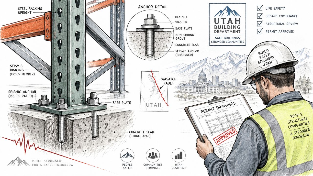 A diagram illustrating seismic safety standards for steel racking in industrial warehouses located near the Wasatch Fault.