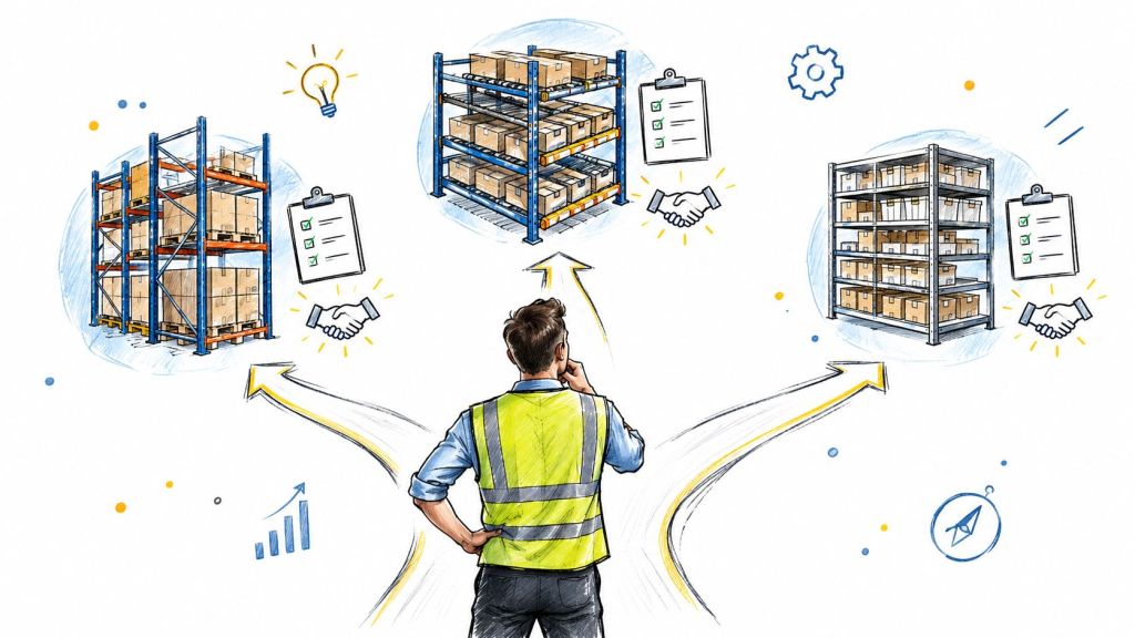 A warehouse worker in a reflective vest contemplating different storage racking options for logistics and fulfillment.