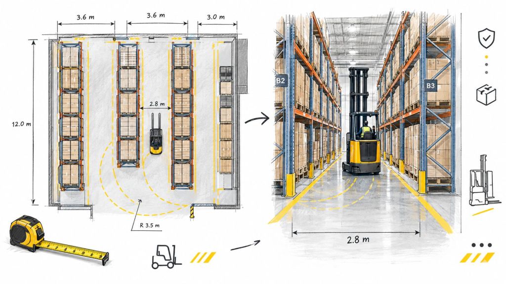 A top-down floor plan and a 3D perspective view showing industrial warehouse <a href=