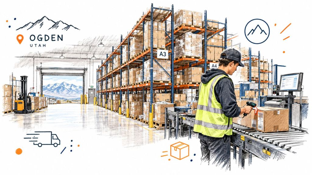 A warehouse worker in a yellow safety vest scanning packages in an Ogden Utah fulfillment center.