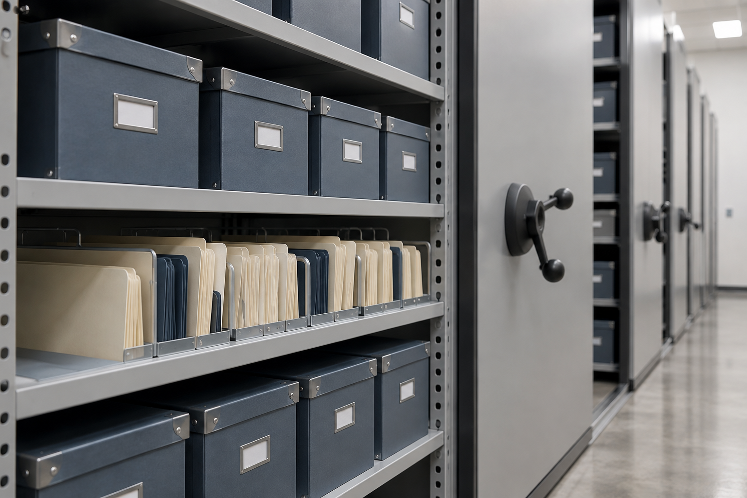 Close-up of labeled archive boxes and folders organized on a mobile shelving unit