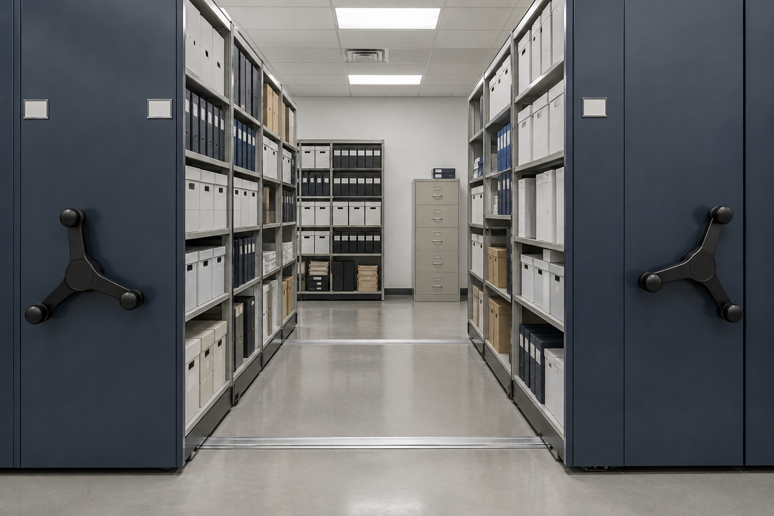 Mobile shelving carriages with archive boxes and binders in a government records storage room