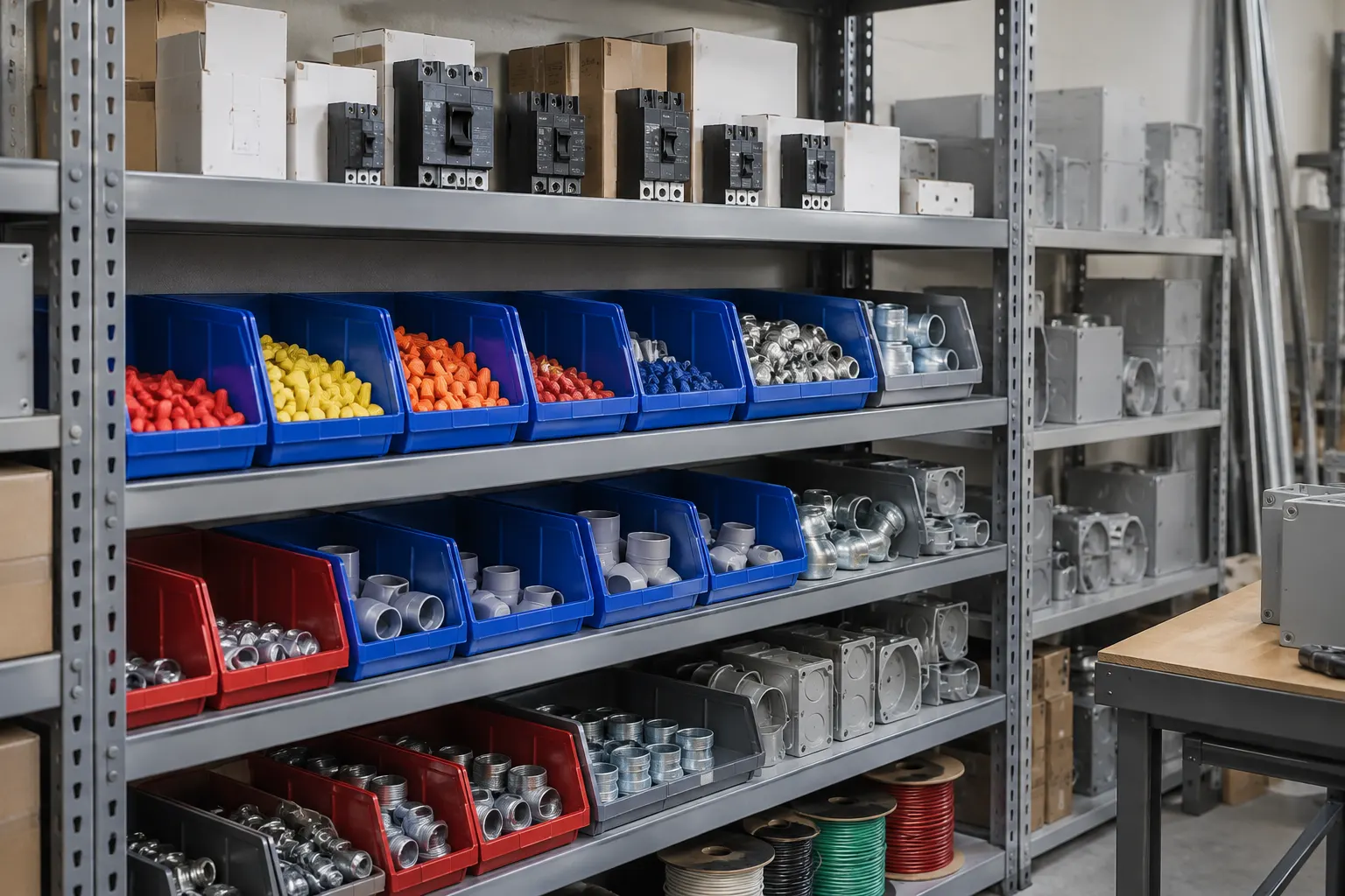 Electrical contractor bin shelving with wire connectors, conduit fittings and boxed breakers sorted in open-front bins
