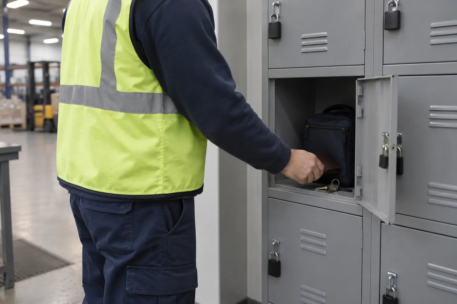 Warehouse employee in a hi-vis vest placing a wallet, keys and lunch bag into a small steel box locker compartment