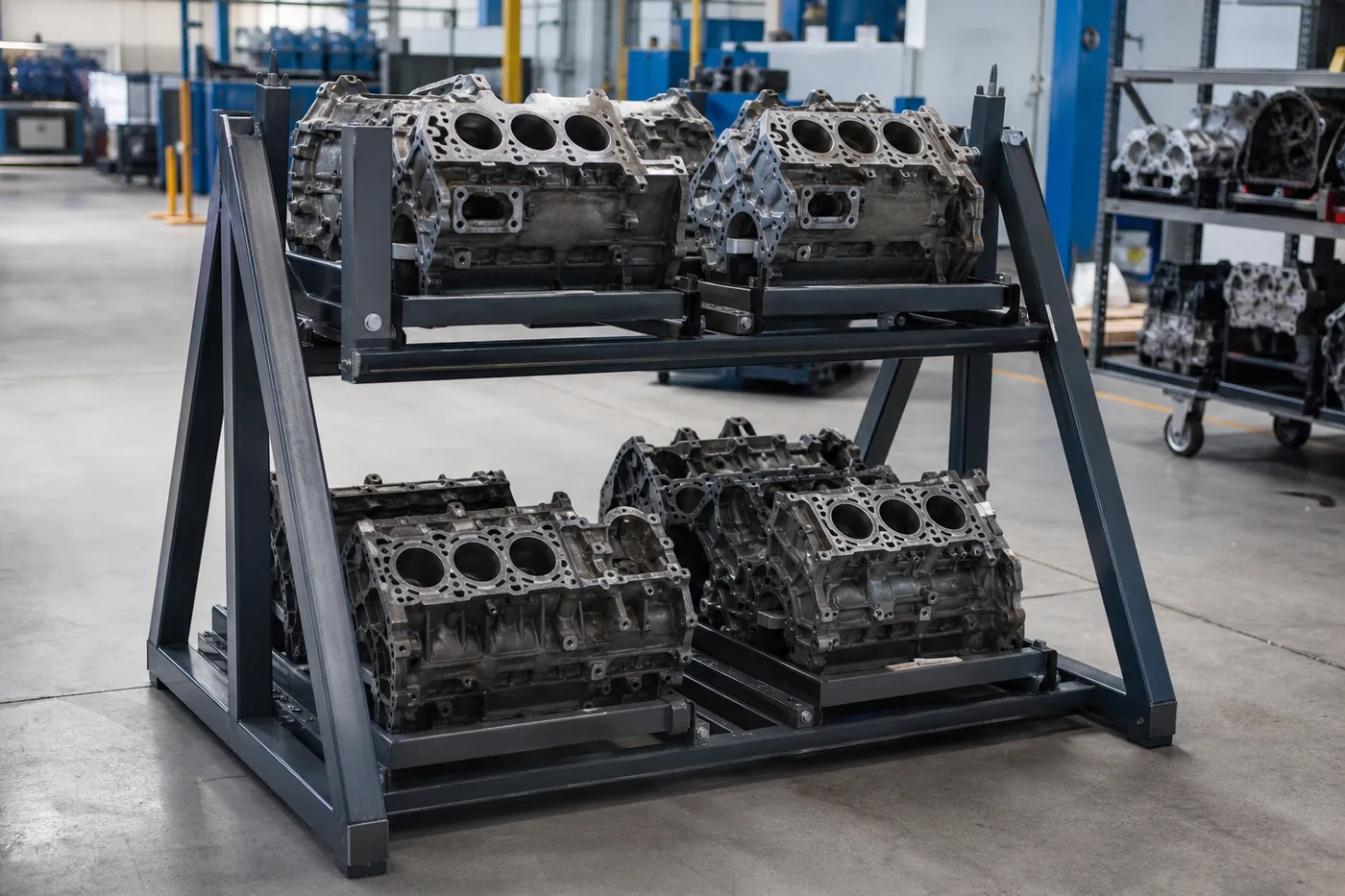 Engine block supported in a metal cradle storage rack in a machine shop