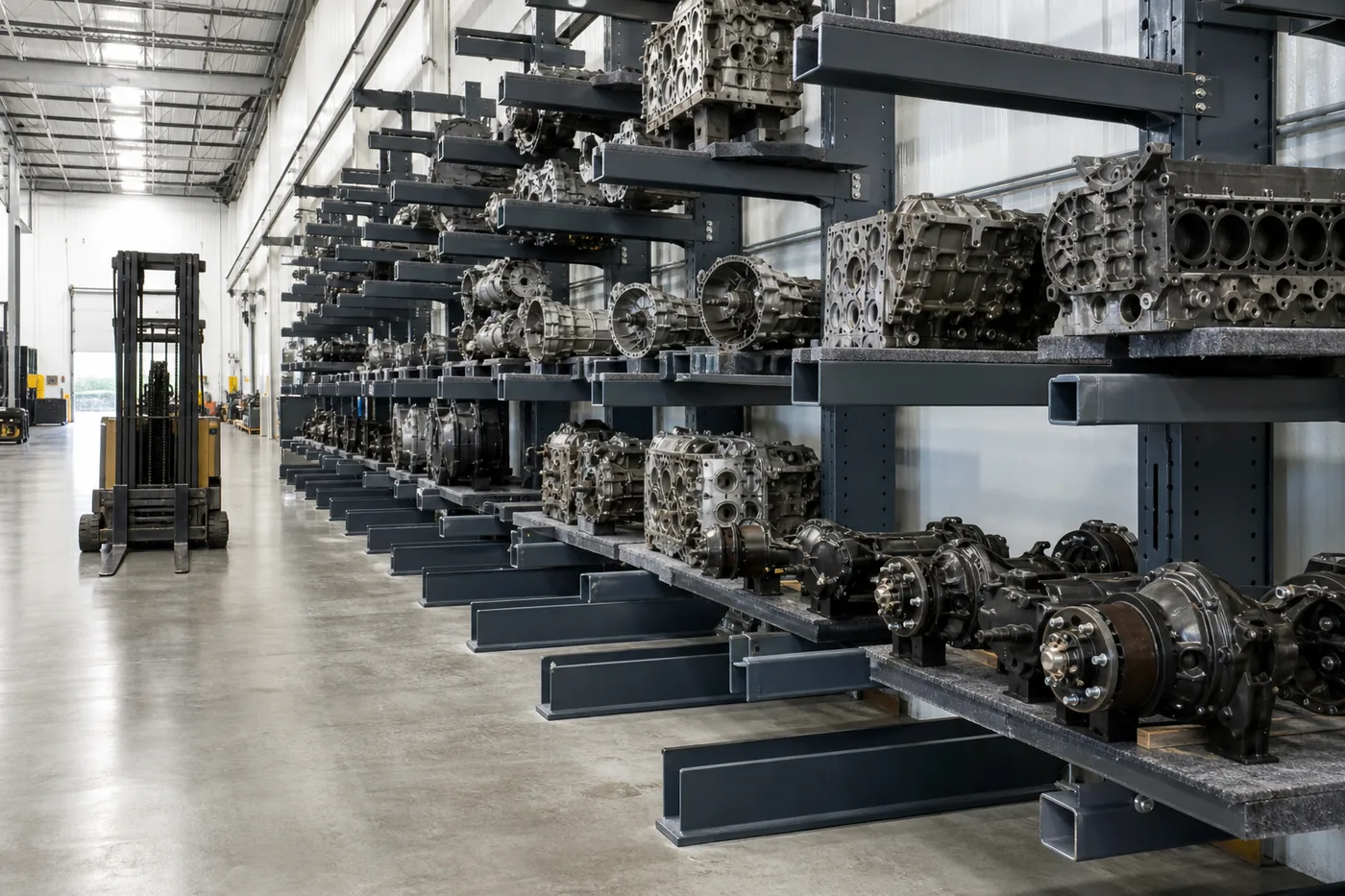 Cantilever storage rack holding long automotive driveline stock in a warehouse aisle