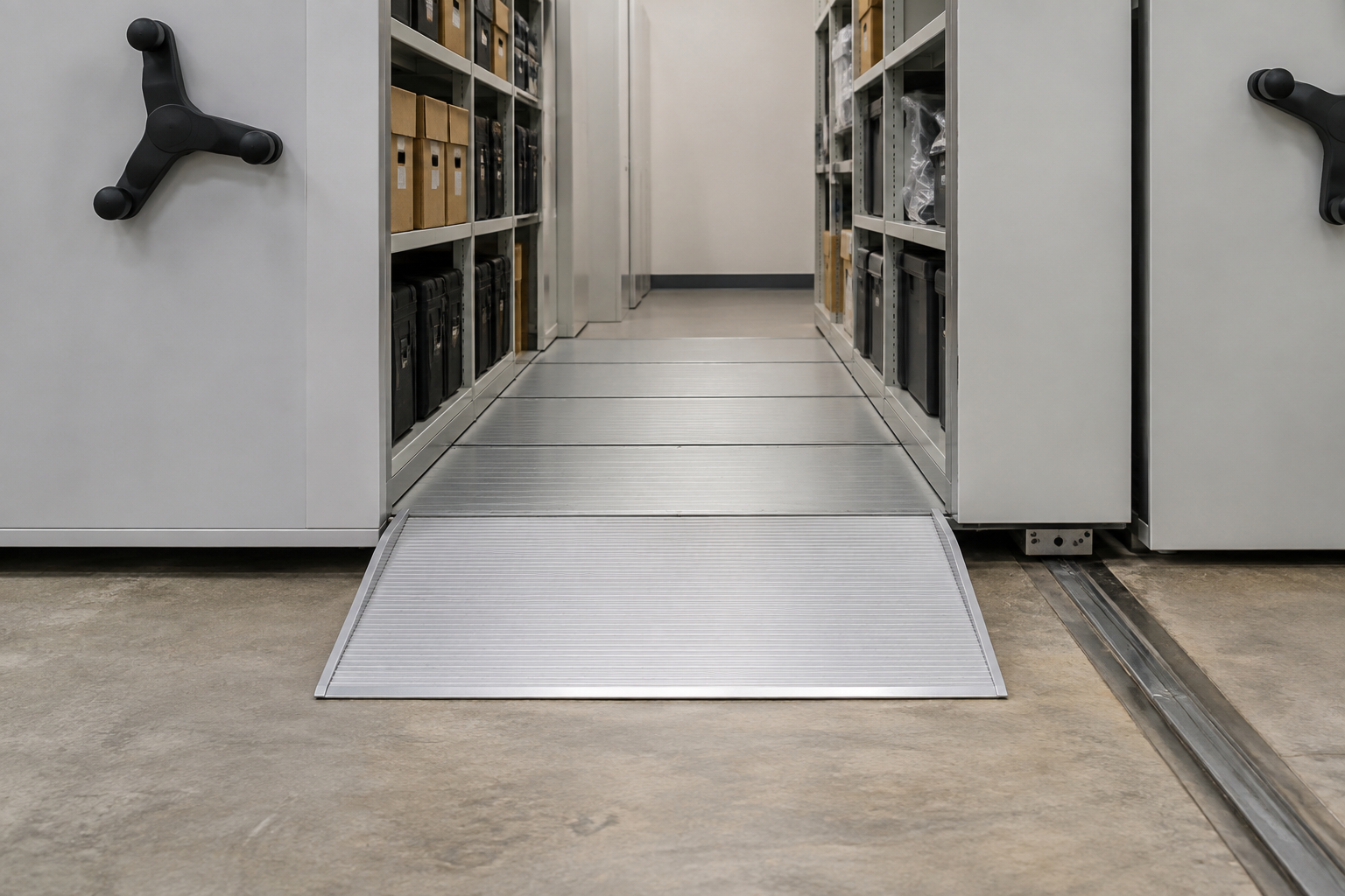 Twin access ramp and floor-mounted rail at a mobile shelving carriage system in an evidence storage room