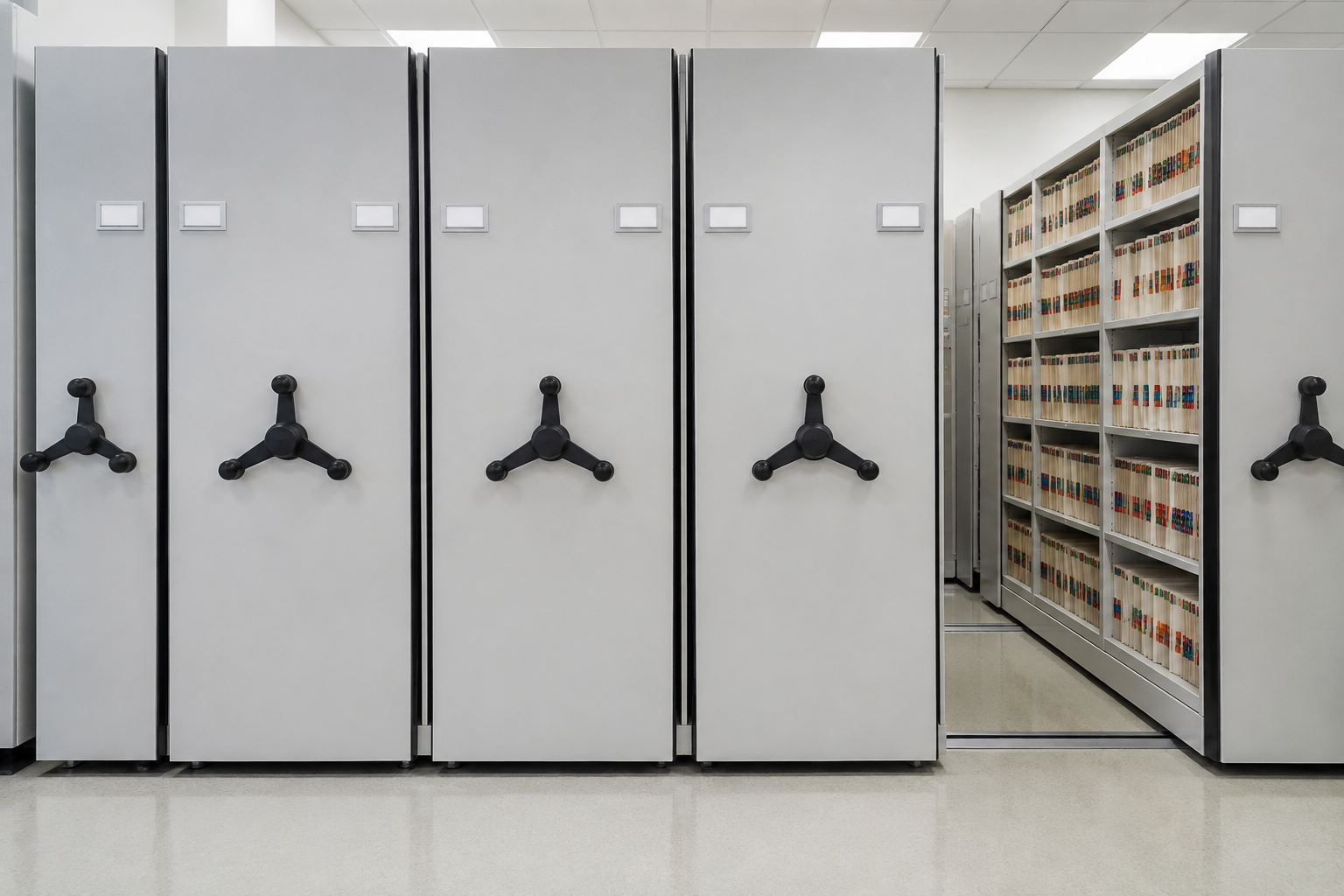 Front-facing mobile shelving carriage ends with handwheels in a clinic patient records room
