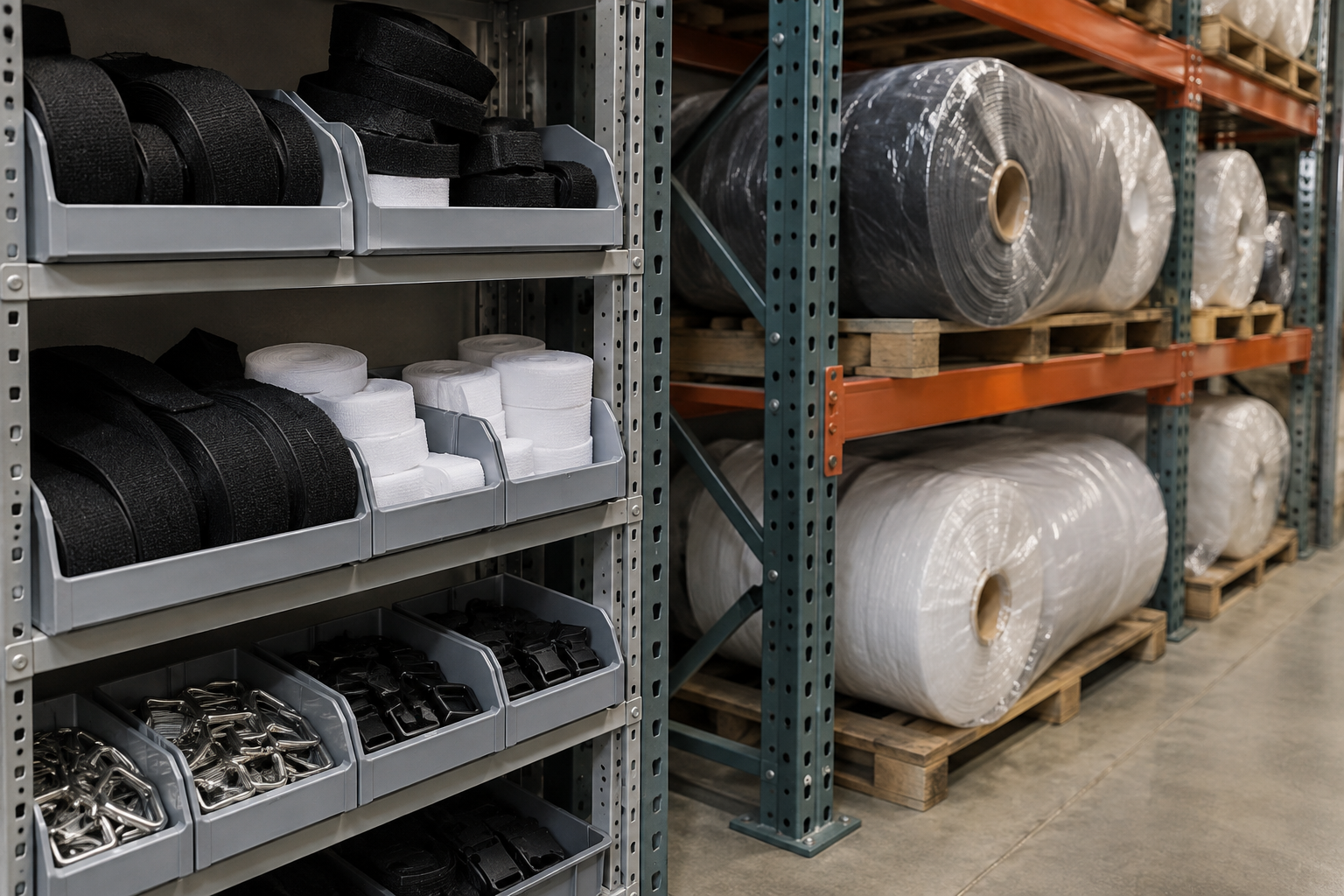 Small parts bins of hook-and-loop fastener tape and hardware components on boltless rivet shelving next to a steel pallet rack bay holding large rolled material